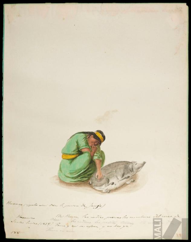 Mujer huanca de Jauja acariciando cerdo