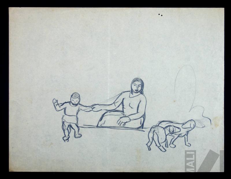 Estudio de mujer con niño y perros